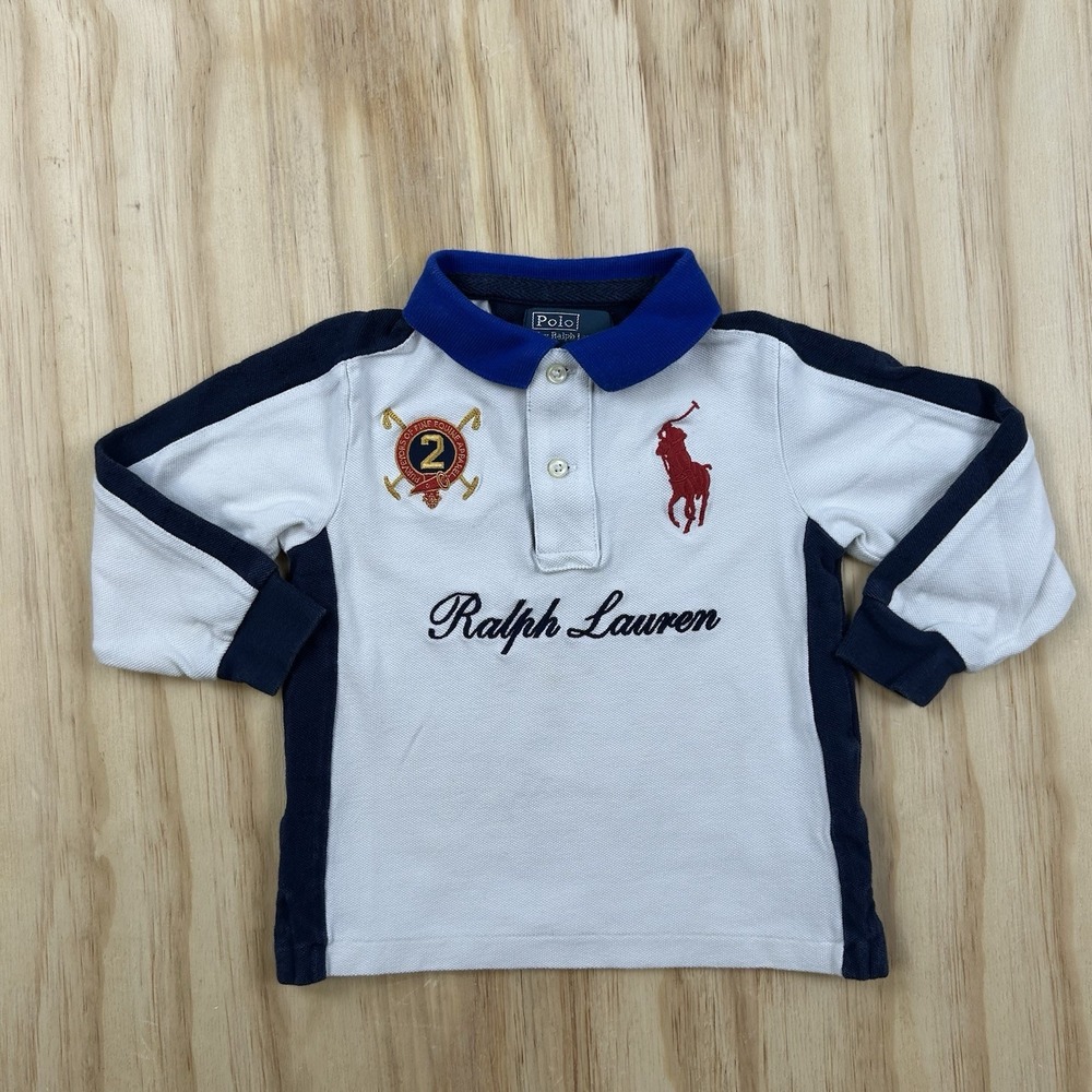 Polo Ralph Lauren Boys 24M Equiline Blue White Big Pony Long Sleeve Polo